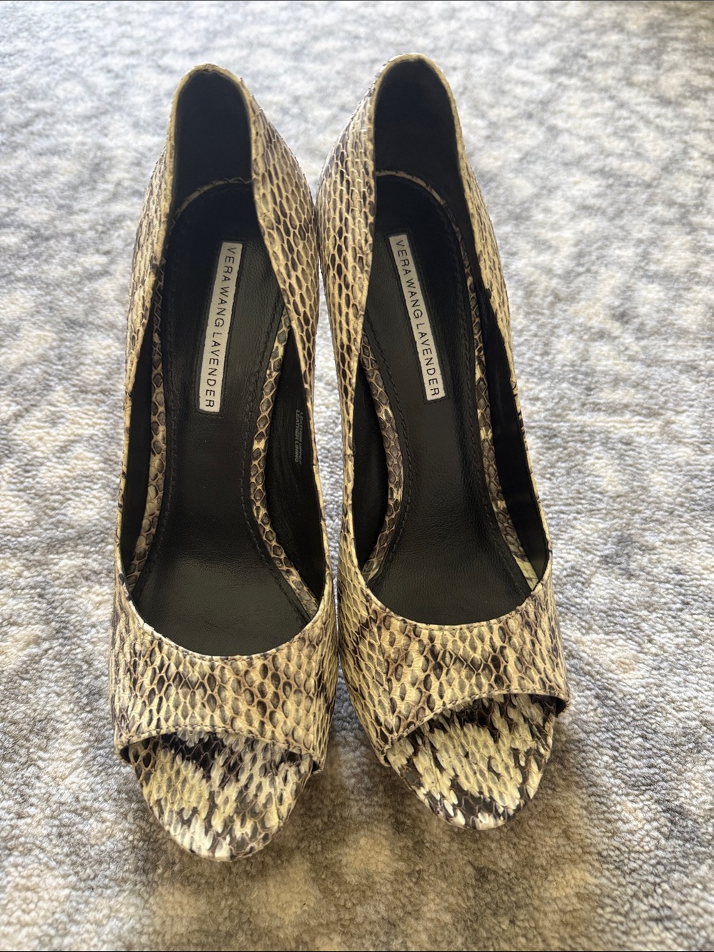 Vera Wang Lavender Label Snakeskin Peep-Toe Pumps in Beige and Brown